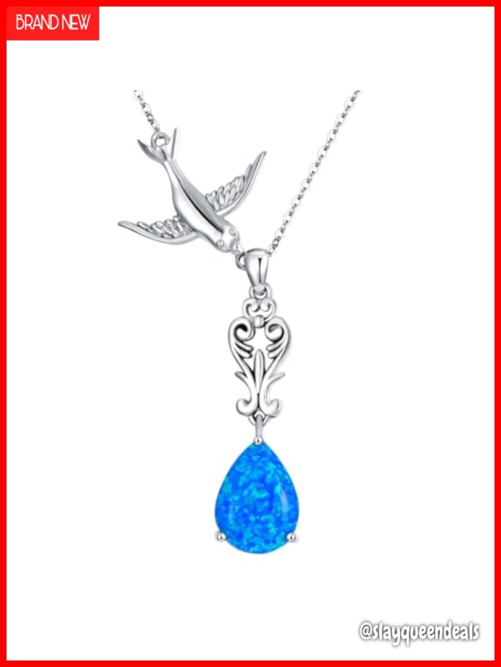 Sterling Silver Blue Opal Teardrop Pendant Necklace Dove of Peace Vintage